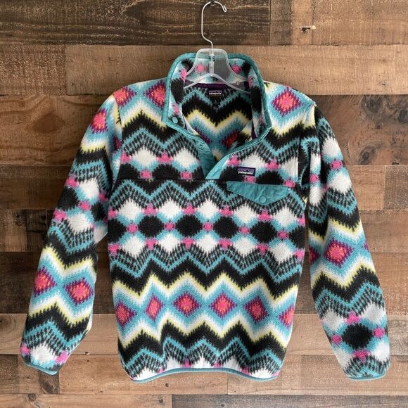 Patagonia Girls Retro Aztec Print Lightweight Synchilla Snap-T Pullover Fleece L - Picture 3 of 13